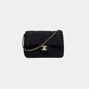 Mini Flap Bag Crochet-Effect Weaving & Gold Tone Metal Black