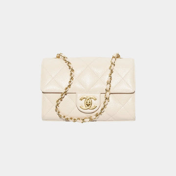 Mini Flap Bag Grained Calfskin & Gold-Tone Metal in Light Beige
