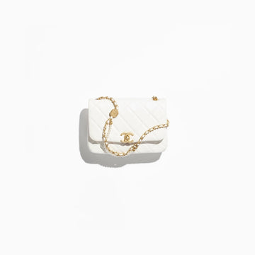 Mini Flap Bag Shiny Lambskin Pearls Gold-Tone Metal White