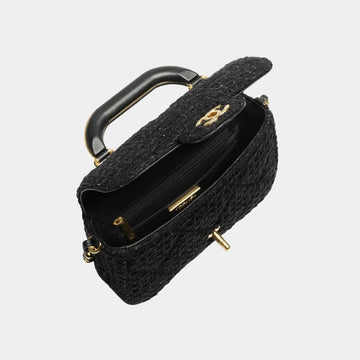 Mini Flap Bag With Handle Cotton Tweed Gold metal Black