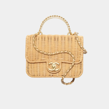 Mini Flap Bag with Top handle Braided Raffia & Gold-Tone Metal