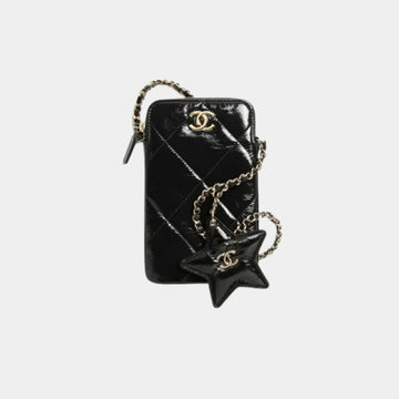 Phone case with chain Black Shiny Crumpled Calfskin
