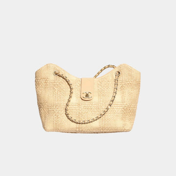 Shopping Bag Braided Raffia & Gold Tone Metal Beige