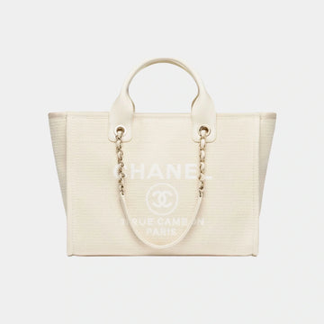 Shopping Bag Canvas & Gold Tone Metal Light Beige