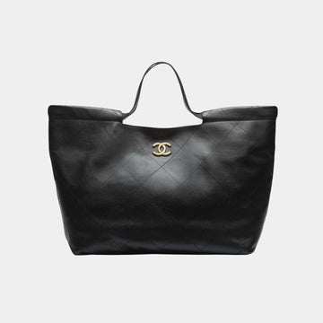 Shopping Bag Grained Calfskin & Gold Tone Metal Black