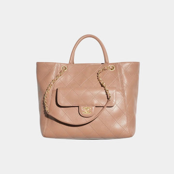 Shopping Bag Grained Calfskin & Gold Tone Metal Brown