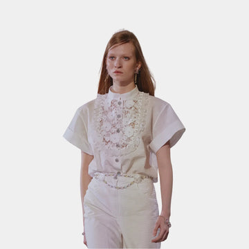 Short-sleeved Blouse in White Embroidered Cotton