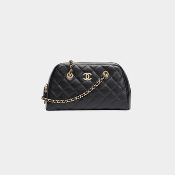 Small Bowling Bag Grained Shiny Calfskin & Gold Tone Metal Black