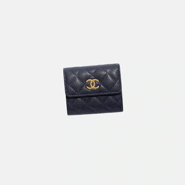Small Double Wallet in Shiny Grained Calfskin Dark Blue with Gold Tone Metal