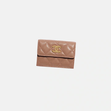 Small Double Wallet in Shiny Grained Calfskin Strass and Gold Tone Metal