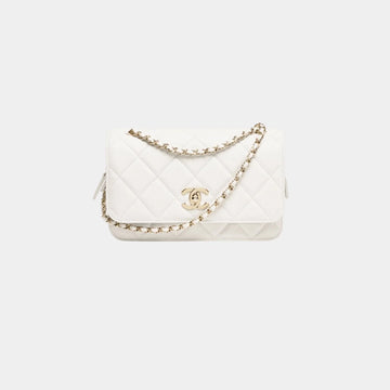 Small Flap Bag Grained Shiny Calfskin & Gold Tone Metal White