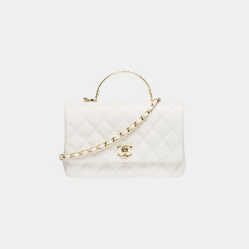 Small Flap Bag With Top handle Grained Shiny Calfskin & Gold Tone Metal White