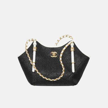 Small Tote in Braided Raffia Calfskin and Gold Tone Metal