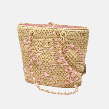 Small Tote Braided Raffia Cotton Grosgain Ribbon & gold tone metal