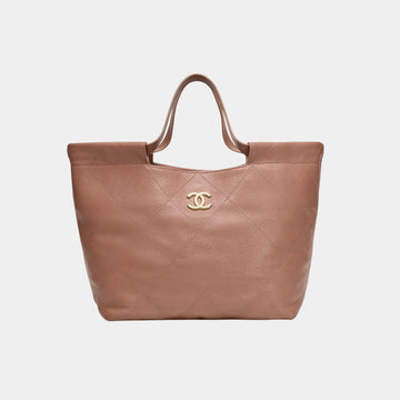 Small Tote Grained Calfskin & Gold Tone Metal Brown