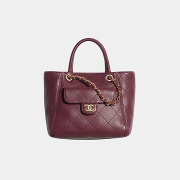 Small Tote Grained Calfskin & Gold Tone Metal Dark Burgundy