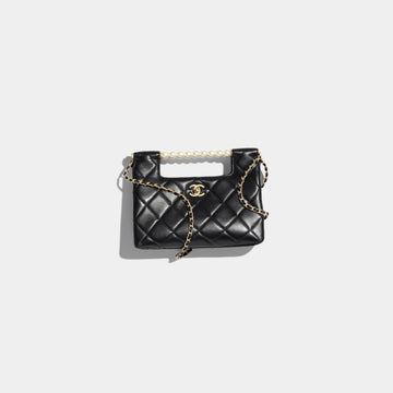 Small Tote Shiny Lambskin Pearls Gold-Tone Metal Black