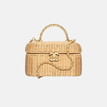 Vanity Case Braided Rattan Gold Tone Metal in Beige