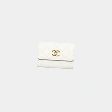 White Flap Card Holder in Grained Shiny Calfskin