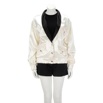 Chanel Cream & Black Satin Bomber Jacket FR 36