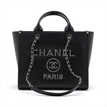 Top Quality Chanel Deauville Leather S 2WAY Handbag Black Silver G  25th