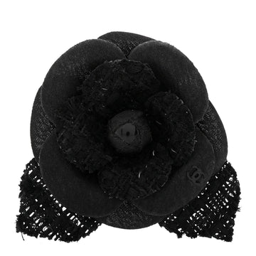 Tweed Fabric Camellia Pin Brooch Black