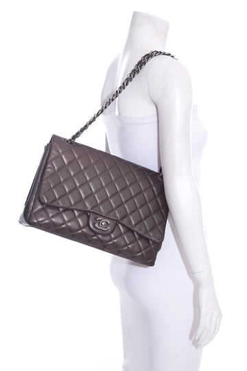 Chanel 2009-2010 Maxi Classic Flap Gunmetal Quilted Leather Handbag W Silver HW