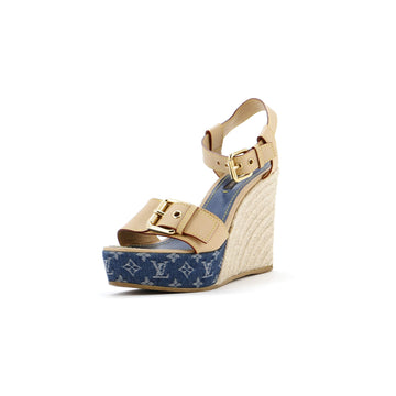 Women's Buckle Wedge Espadrilles Monogram Denim and Leather