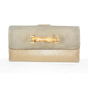 Vintage, Gucci, brown suede and leather, XL wallet with interior compartments, a bamboo and gold horse bit accent on the front