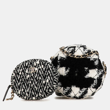 Shearling Tweed Round Clutch With Chain and Coin Purse