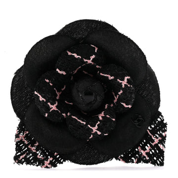 Tweed Camellia Pin Brooch Black Pink