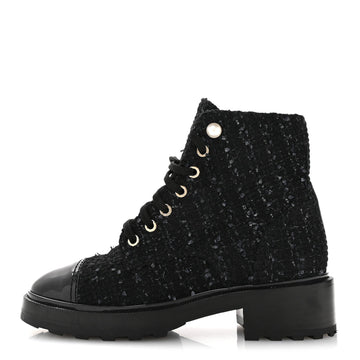 Tweed  Calfskin Pearl Combat Short Boots 37  Black Grey Blue