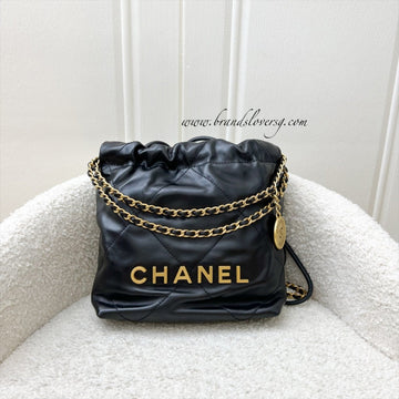 Chanel 22 Mini Hobo Handbag in Black Shiny Calfskin and AGHW