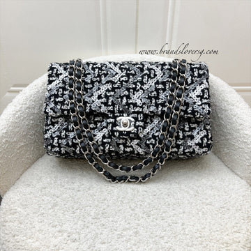 Chanel Medium Classic Flap CF in Tweed, Black and White Sequins and SHW