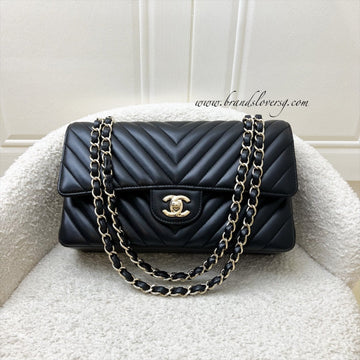 Chanel Medium Classic Flap CF in Chevron Quilted Black Lambskin and LGHW