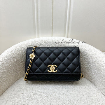 Chanel 23K Camellia Flower Wallet on Chain WOC in Black Caviar and AGHW (AP3580)