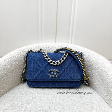 Chanel 19 Wallet on Chain WOC in Dark Blue Denim and SHW