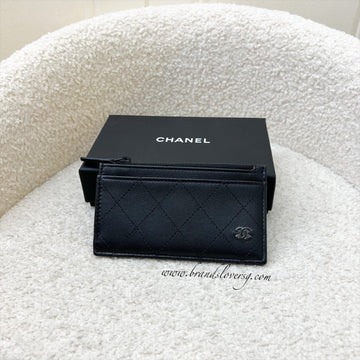 Chanel Flat Card Holder with Zipped Coin Compartment in Black Calfskin and BHW