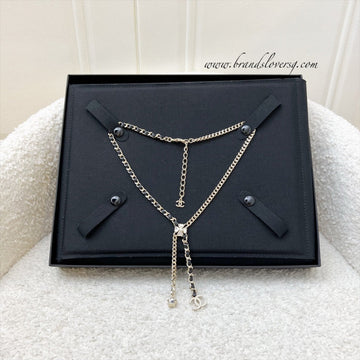 Chanel 25B Flower, Star and CC Logo Necklace with Black Leather and Crystals in Light Gold HW (Model: ABG287)