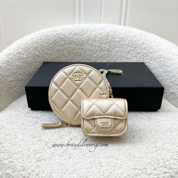 Chanel 2024 VIP Gift Round Pouch and Airpods Holder Bag Charm in Metallic Gold Lambskin and LGHW