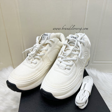 Chanel 24S Sneakers in White Fabric and Leather Sz 37.5 (Model: G45077)
