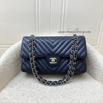 Chanel Medium Classic Flap CF in Chevron Quilted Navy Caviar and SHW