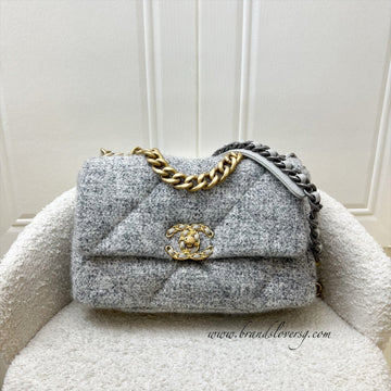 Chanel 19 Small Flap Bag in Light Grey Tweed and 3-Tone HW