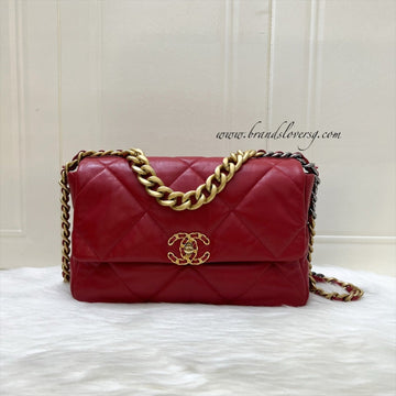 Chanel 19 Medium / Large Flap in Red Lambskin and 3-tone HW (Model: AS1161)