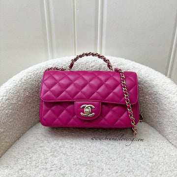 Chanel 23A Mini Rectangle Flap with Crystals Top Handle in Hot Pink Lambskin and LGHW (Model: AS4141)