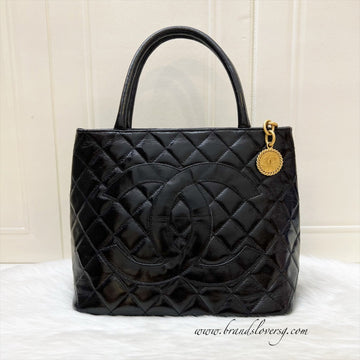 Chanel Vintage Medallion Tote in Black Glossy Calfskin and AGHW