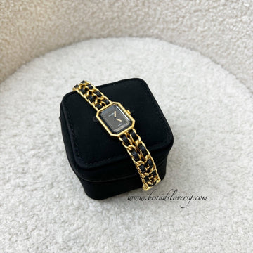 Chanel Vintage Premiere Watch in 24K Gold Plated HW and Black Leather Size S