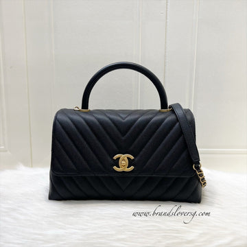 Chanel Medium 29cm Coco Handle Flap in Chevron Quilted Black Caviar and GHW (Model: A92991)