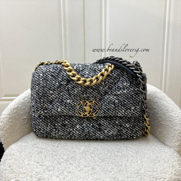 Chanel 19 Small Flap in Black and White Tweed Fabric and 3-tone HW