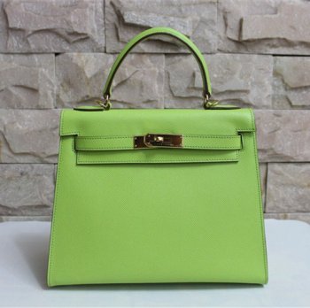 Hermes Kelly 28cm Leather Leather Handbag Green Gold